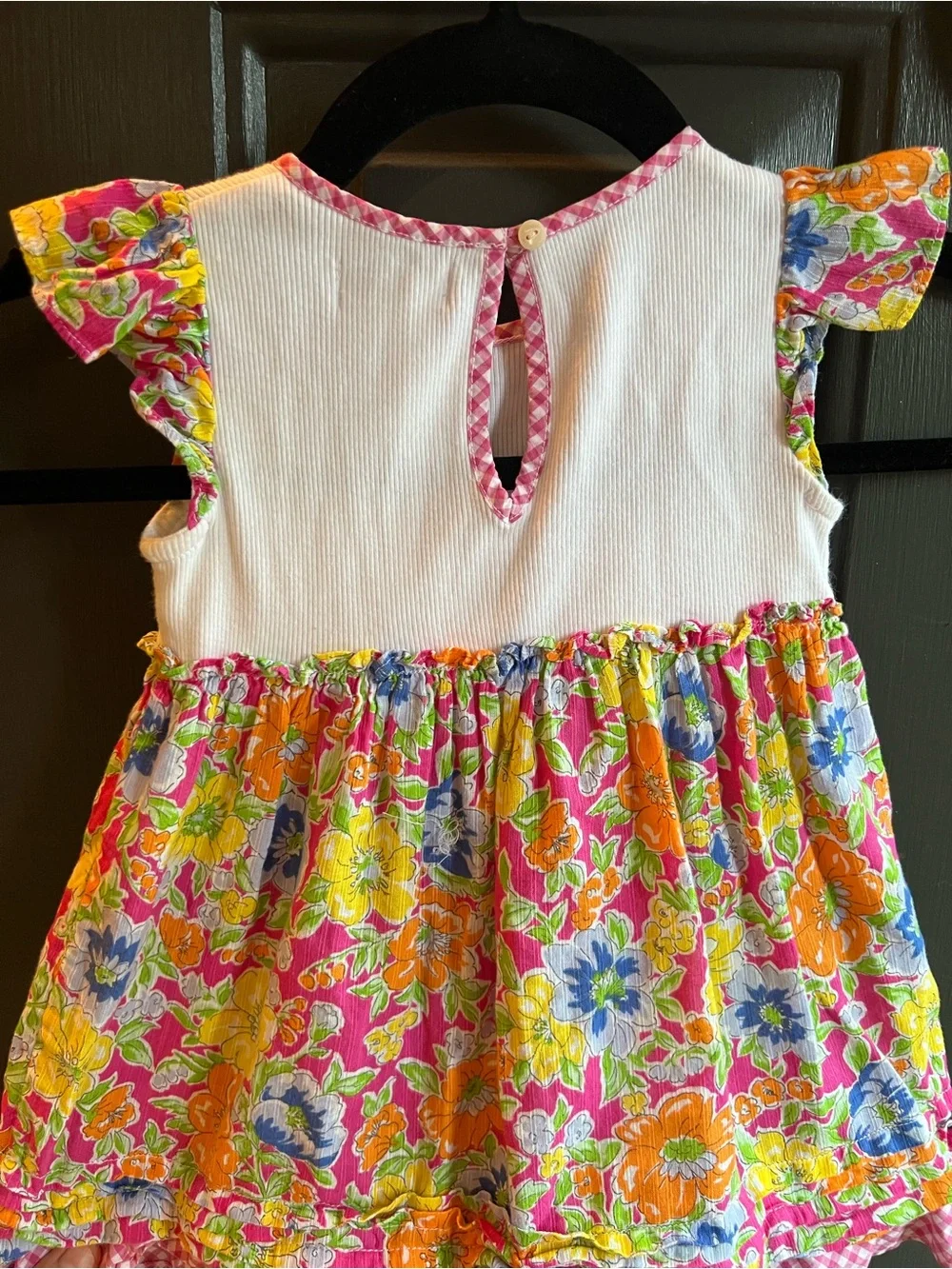 Ralph Lauren White Ribbed Baby Top with Pink Gingham Trim